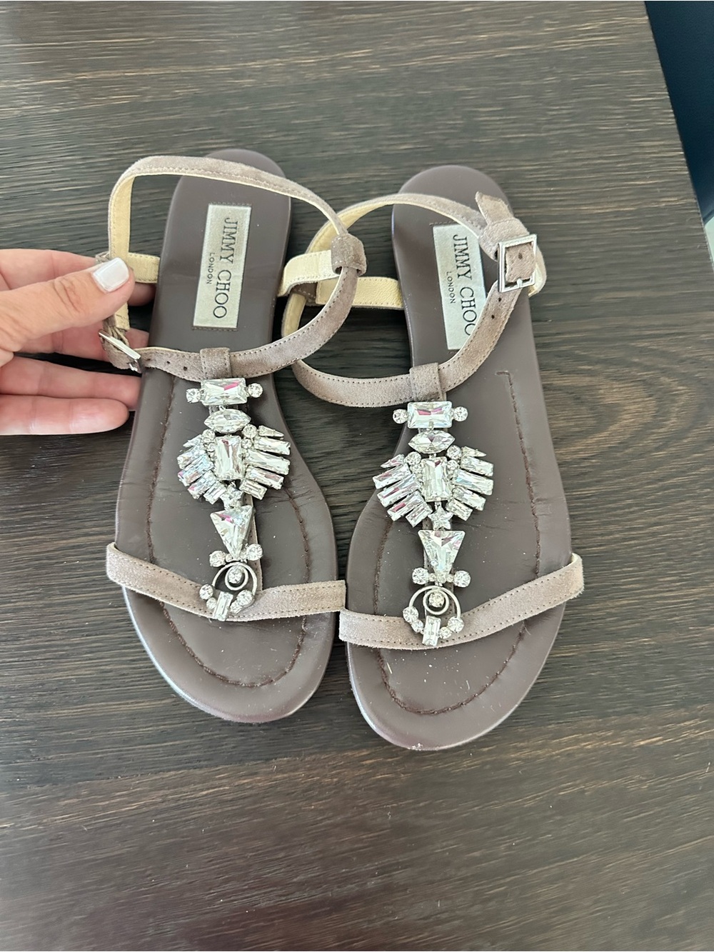 Jimmy Choo Taupe Suede Jeweled T-Strap Sandals